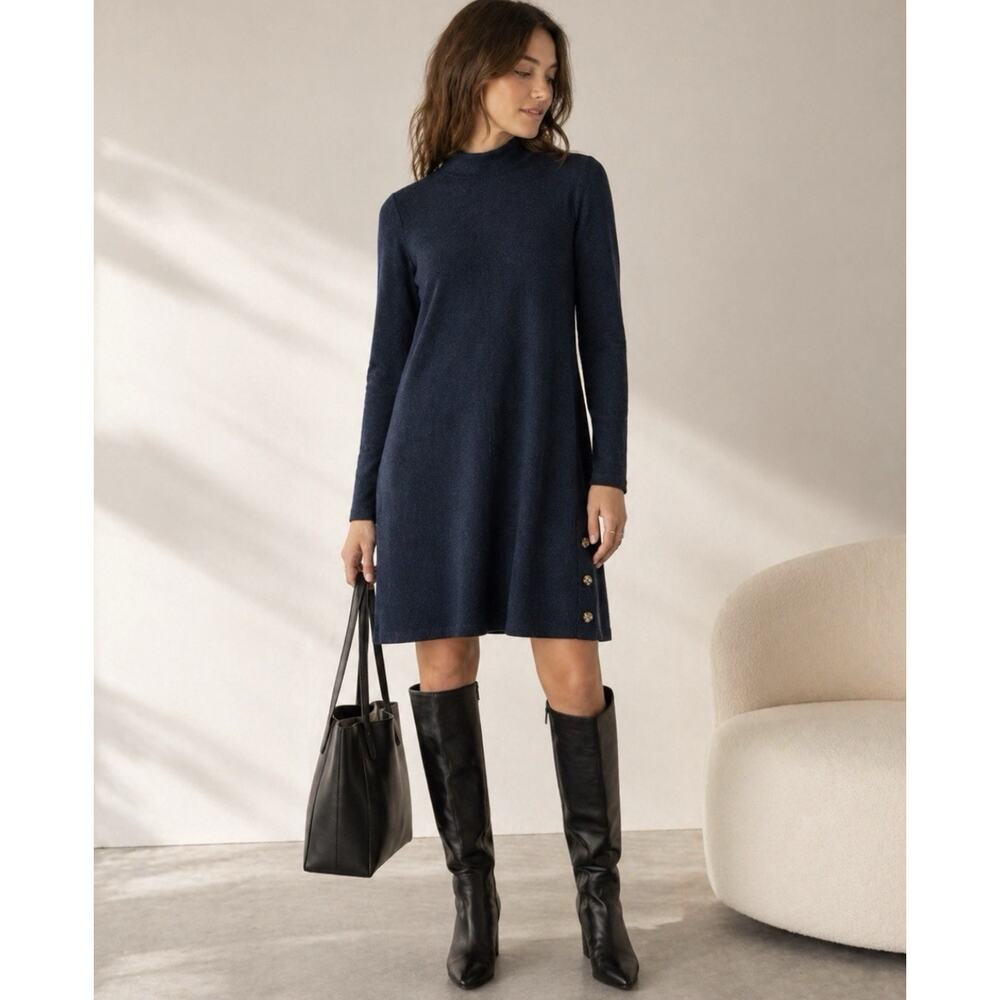 Banana Republic Sz M Black Mock Neck Sheath Dress Side Button Detail LS Dress
